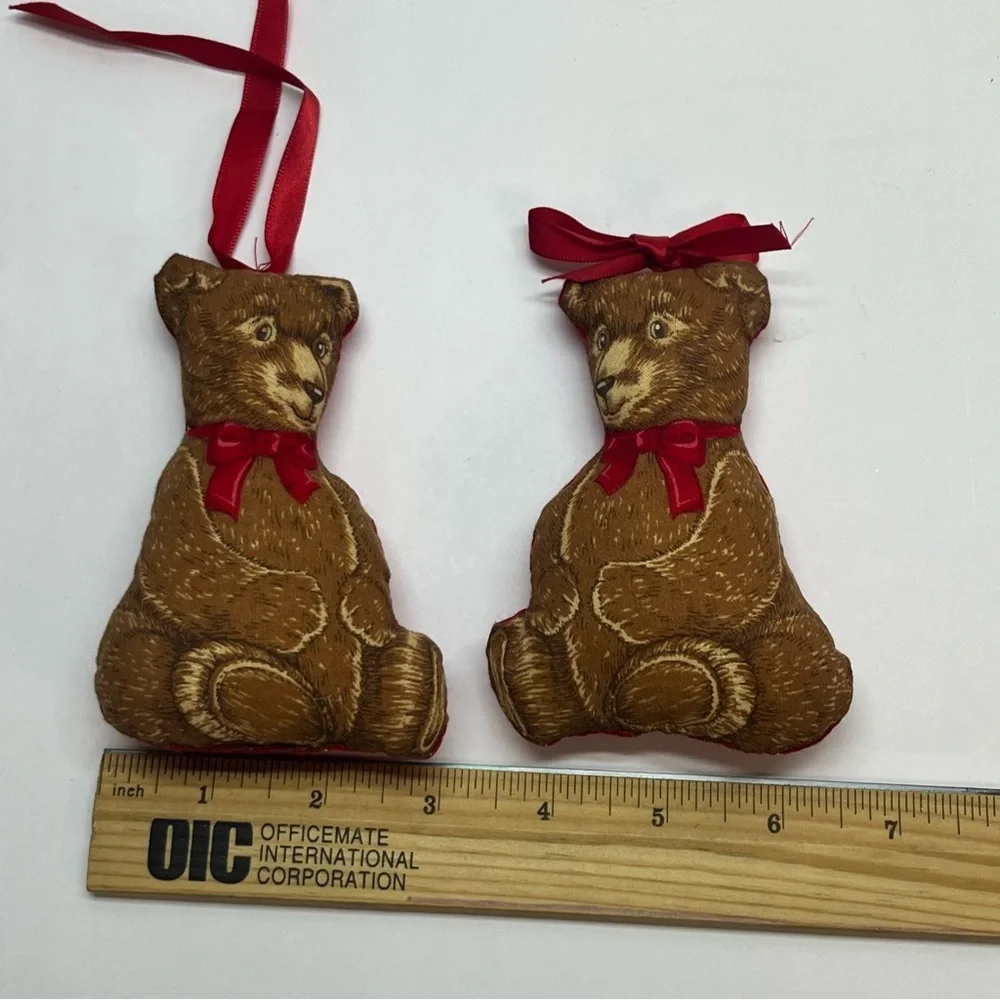 vinage christmas fabric plush teddy bears brown red ribbon pair‎ 4.5 inches